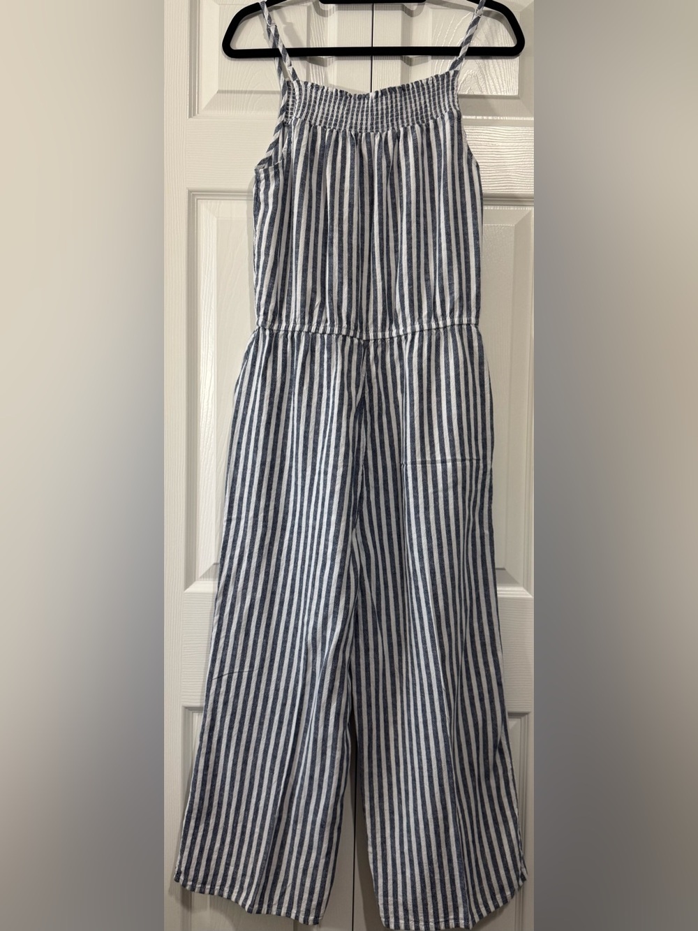 Old Navy Striped Linen Blend Jumpsuit Small Blue White Wide Leg Pockets - Picture 4 of 7